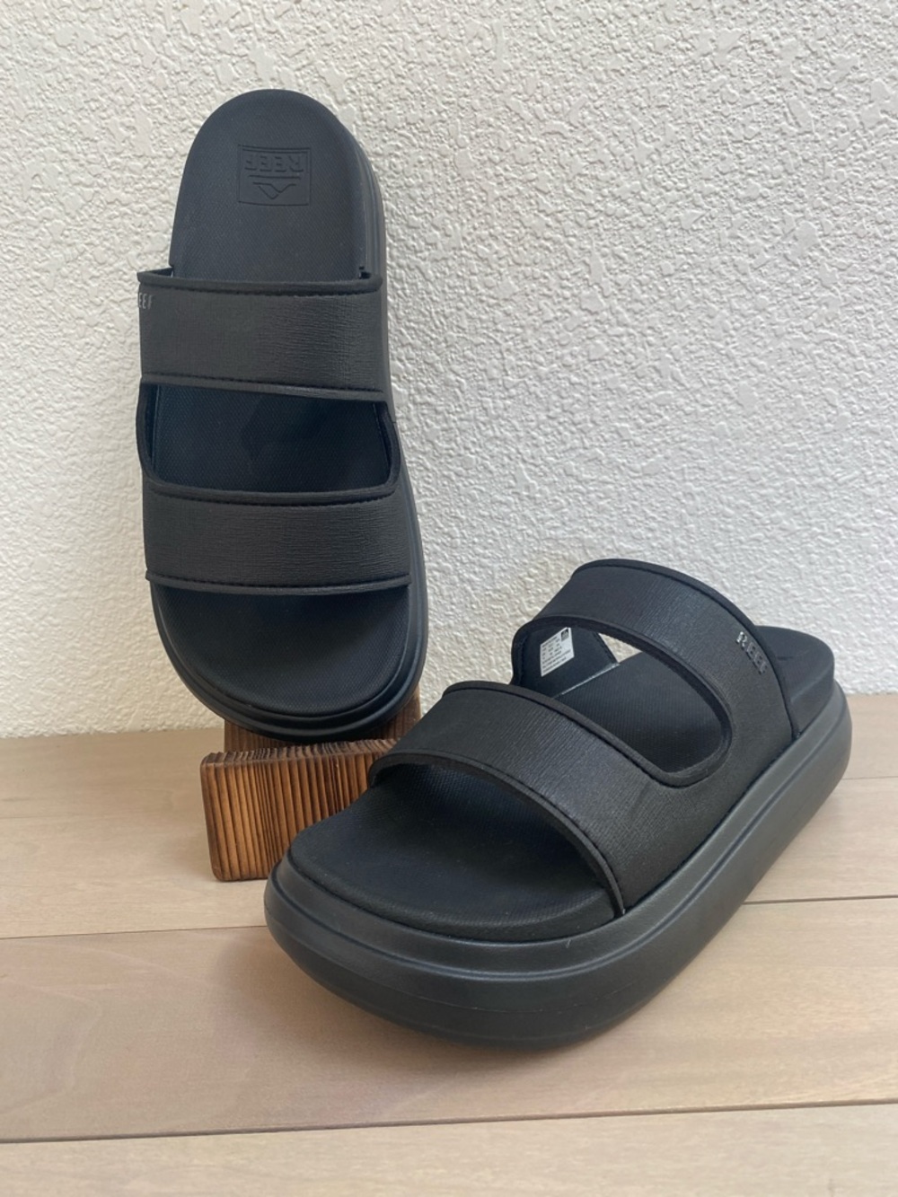 Black Womens Slide Sandals with Double Straps